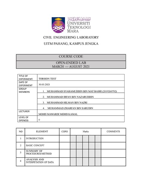 torsion test lab report uitm|LAB 1 .